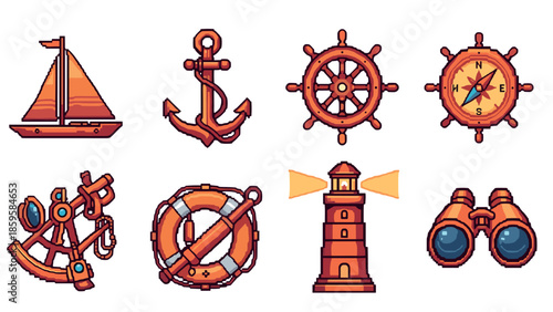Retro maritime icons: set of nautical elements in pixel art style