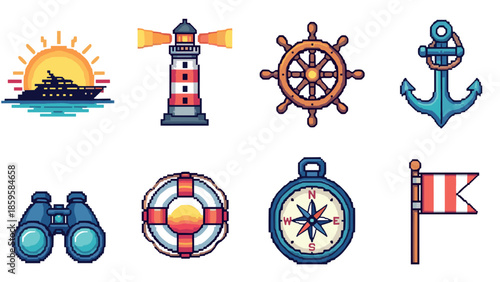 Retro nautical icons set featuring ships, lighthouse, and compass in pixel art style