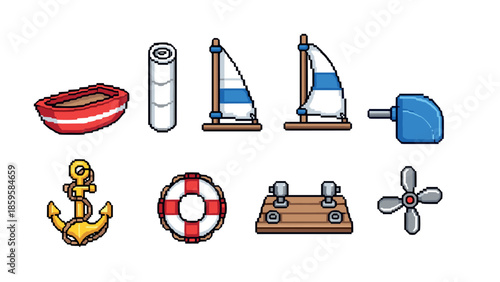 Nautical pixel art set featuring boats, sails, anchor, and marine equipment