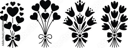 Elegant Vector Silhouettes of Heart Balloons and Floral Bouquets with Bows for Design