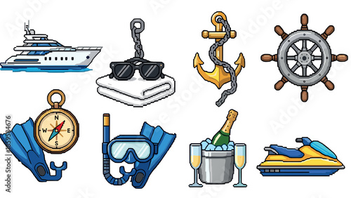 Colorful nautical and maritime pixel icons