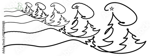 Merry Christmas decoration. Wavy line with Christmas trees. Year of the horse, Chinese New Year 2026 banner with blue horse and clouds, gold manner and stars