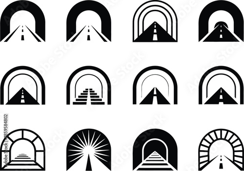 Set of various tunnel entrances and exits, symbolizing passage