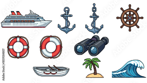 Pixel art nautical icons with cruise ship, anchors, and lifebuoys