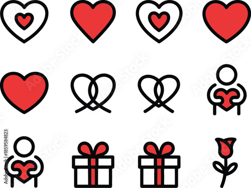 Collection of love and romance icons depicting hearts, gifts, and gestures of affection