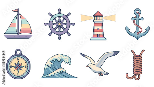 Nostalgic nautical icons set with sailboat, lighthouse, anchor, and more in pastel tones