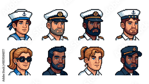 Pixel art portraits of sailors and captains in uniform and casual outfits
