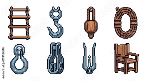 Pixel art nautical elements: hooks, pulleys, rope ladder, anchor, and boat chair