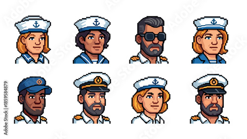 Pixel art maritime characters: diverse captains and sailors