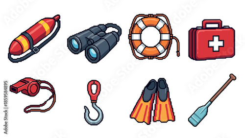 Pixel art lifeguard gear: flotation device, whistle, binoculars, first aid kit, and more