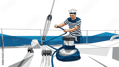 Geometric sailor tugging ropes on yacht deck in nautical adventure scene