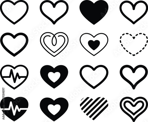 Variety of Vector Heart Icons and Outline Shapes for Love and Romance Concepts