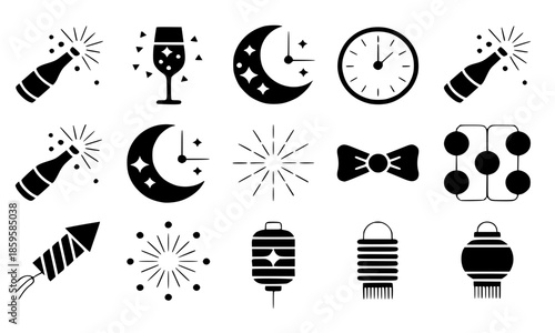 Black Silhouette New Year Celebration Icons Set, Champagne Bottle, Glass, Crescent Moon, Clock, Fireworks, Bow Tie, Balloons and Lantern Vector Illustration, Minimalist Party and Countdown Symbols 