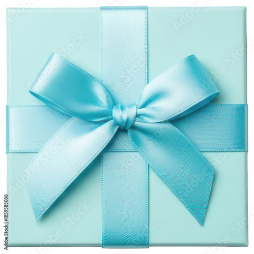 Top view of light blue gift box with matching silk ribbon and bow