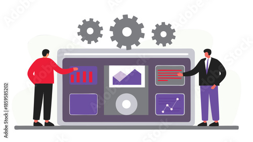 Isometric pixel art illustration of two men in business attire collaborating on a large computer screen with data analysis and graphs