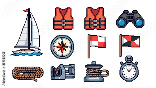 Nautical pixel art: sailboat, life jacket, compass, and more maritime icons