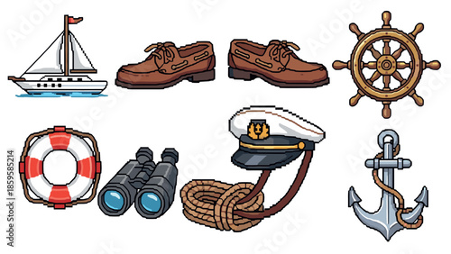 Nautical pixel art collection with ship, captain's hat, and marine elements