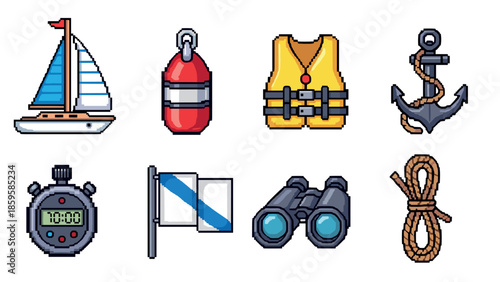 Pixel art nautical objects collection: sailboat, life vest, anchor, and more