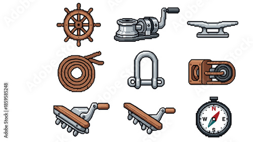 Pixel art nautical icons: helm, winch, anchor, compass, and more
