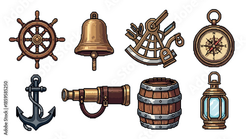 Nautical retro icons: vintage compass, ship wheel, anchor, maritime bell, telescope, barrel, sextant, lantern