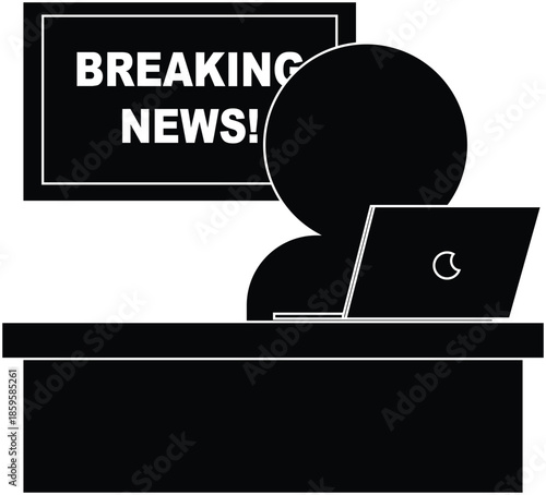 Minimalist black and white vector illustration of a news announcer or journalist working at a desk with a laptop, presenting breaking news.