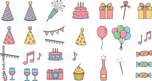 Birthday and party celebration icons set with cake, balloons, gifts, music, drinks, and decorations isolated