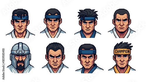 Martial arts pixel art portraits: diverse characters with headbands, helmets, and expressions