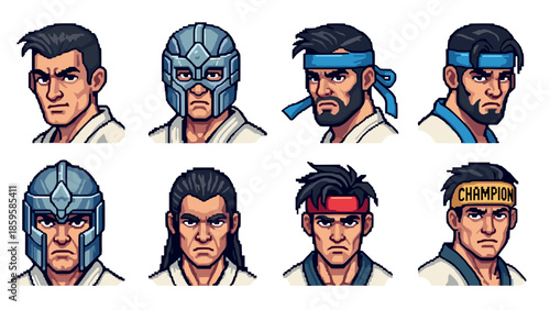 Pixel art fighters collection: iconic video game character designs with diverse headgear