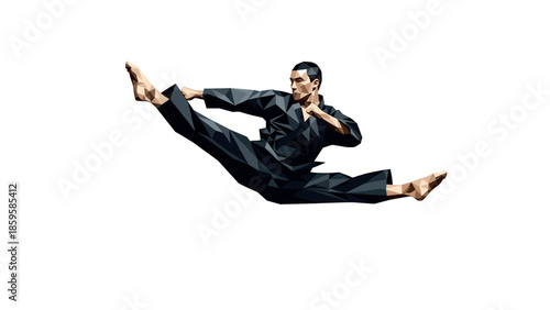 Geometric martial artist performing mid-air kick in origami style