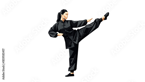 Martial artist performing high kick in geometric style design