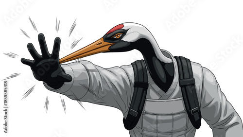 Martial arts stork: dynamic bird character in action pose
