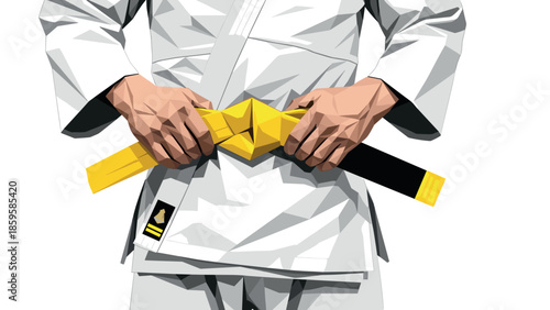 Martial arts belt tying in low poly style: yellow belt achievement