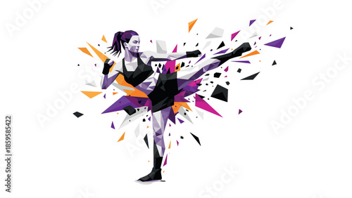 Dynamic low poly martial artist in action with vibrant geometric shapes