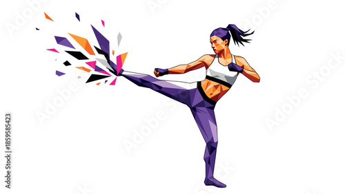 Geometric sport art: dynamic abstract kick of a woman in low poly style