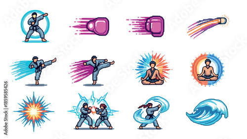 Dynamic martial arts and meditation pixel art icons with energetic effects