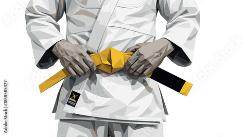 Geometric martial arts figure adjusting yellow belt in low poly style