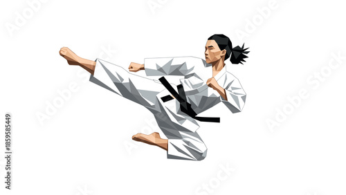 Geometric martial artist performing high kick in white gi