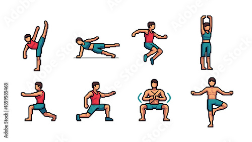 Pixel art fitness set: exercise poses for workout and training inspiration