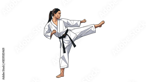 Geometric karate kick: black belt woman in polygonal art style