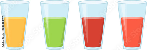 A glass of fresh juice, a set of juice glasses, a glass of juice icon. Vector, cartoon illustration, poster, postcard.