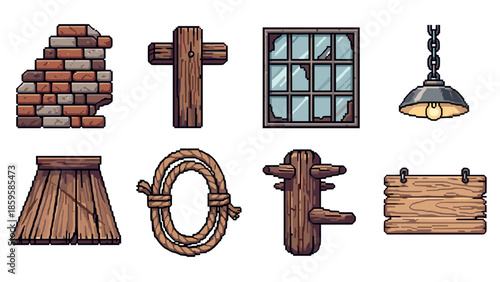 Retro gaming style rustic elements: wood, brick, rope, and more
