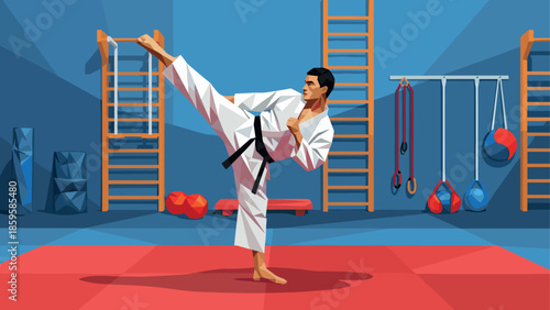 Martial artist practicing high kick in modern gym interior