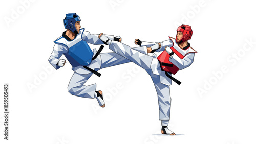 Taekwondo fighters sparring in dynamic match with protective gear