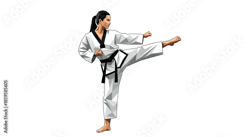 Low poly martial artist performing a high kick in traditional uniform