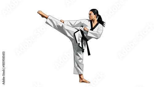 Geometric martial arts kick with black belt on white background