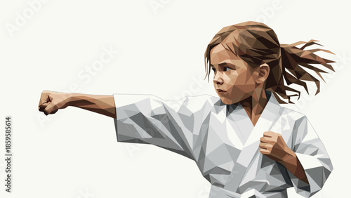Low poly art of girl practicing karate in white gi performing punch