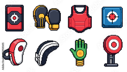 Pixel art martial arts equipment collection for training and fitness