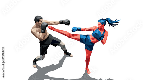 Low poly martial arts duel: dynamic kickboxing scene in geometric style
