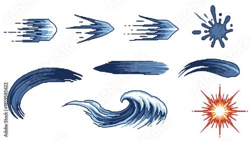 Dynamic pixel art speed effects and brush strokes in blue and red