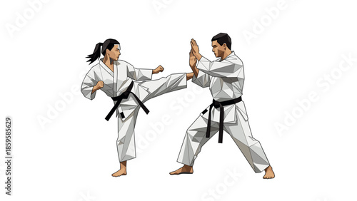Geometric style martial arts scene with karate fighters in action